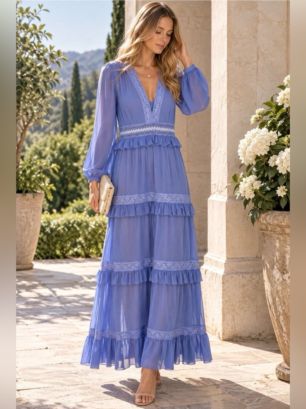 True Decadence Womens Corn V Neck Flower Long Sleeves Chiffon Maxi Dress Boho